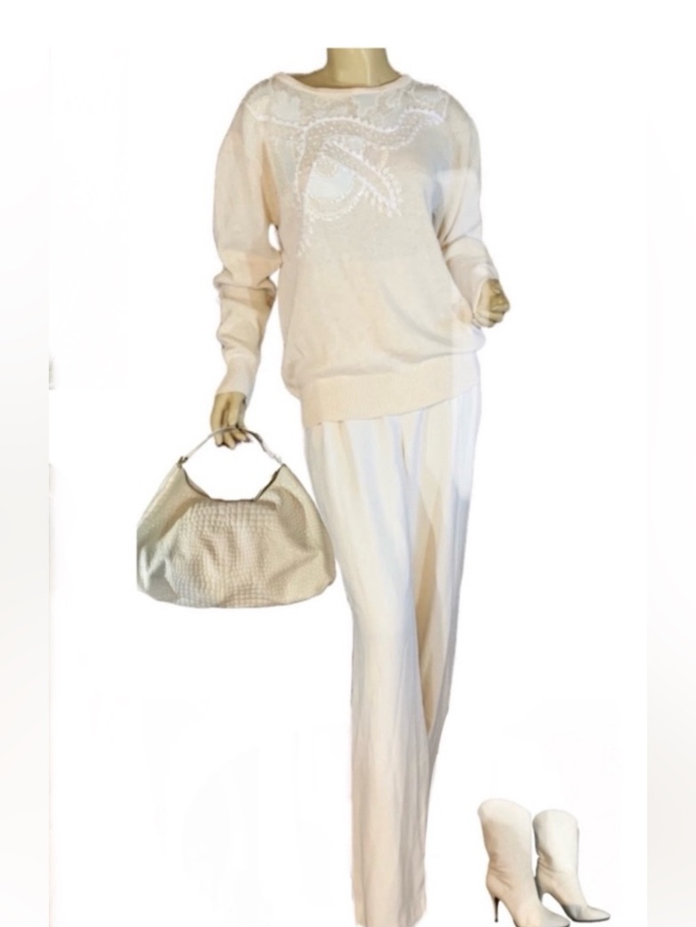 VINTAGE 1980'S CERVELLE CREAM & WHITE SILK BLEND BEADED SWEATER (L)
